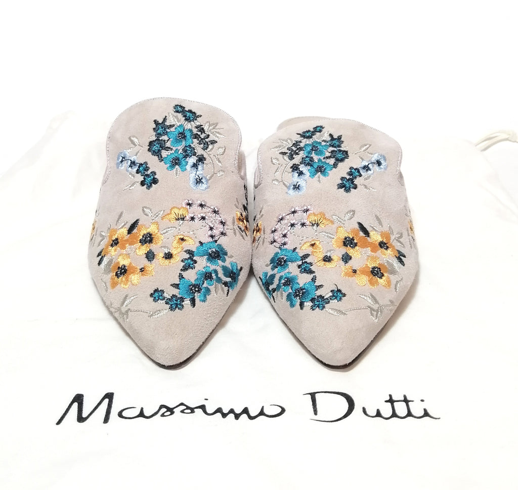 Massimo Dutti Embroidered Suede Flat Mules | Gently Used |