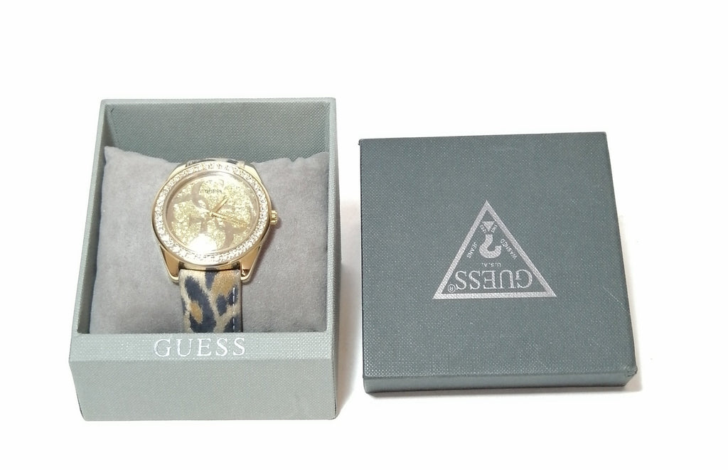 Guess Animal Print & Rhinestone Gold Watch 
