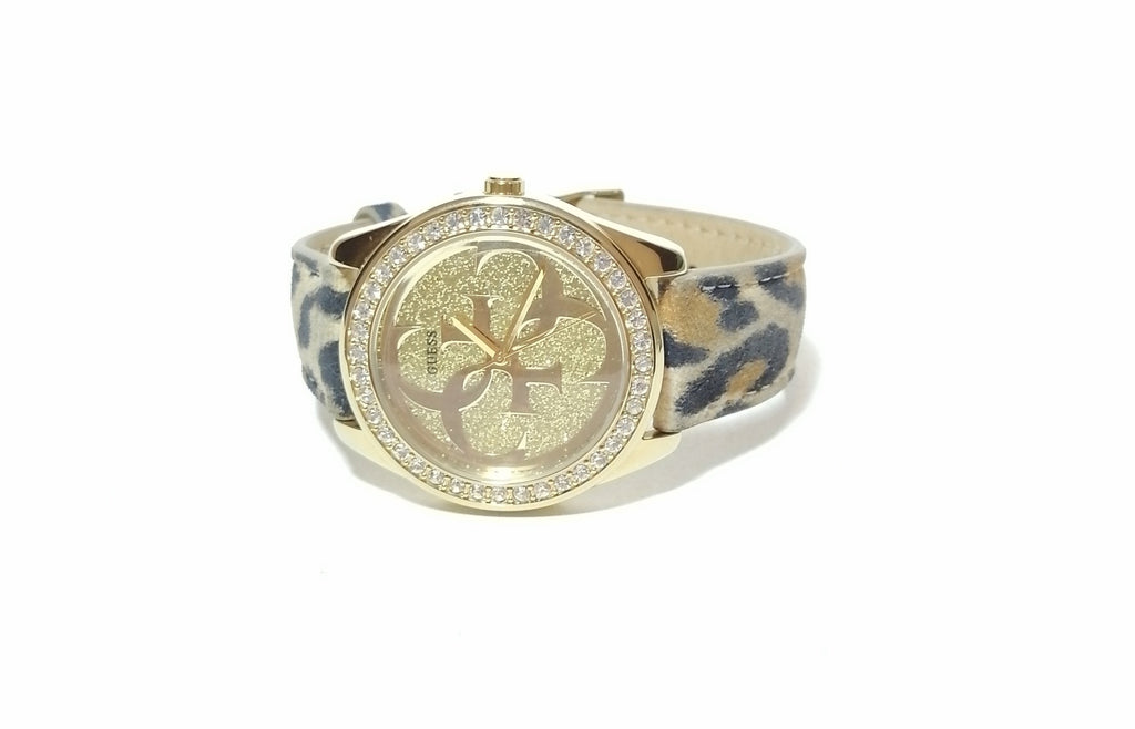 Guess Animal Print & Rhinestone Gold Watch 