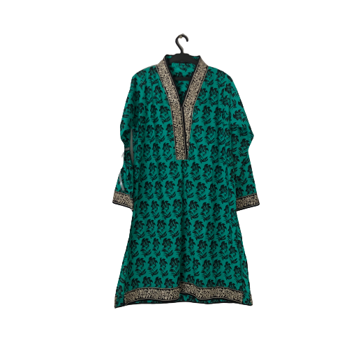 Khaadi green kurta with white embroidery neckline