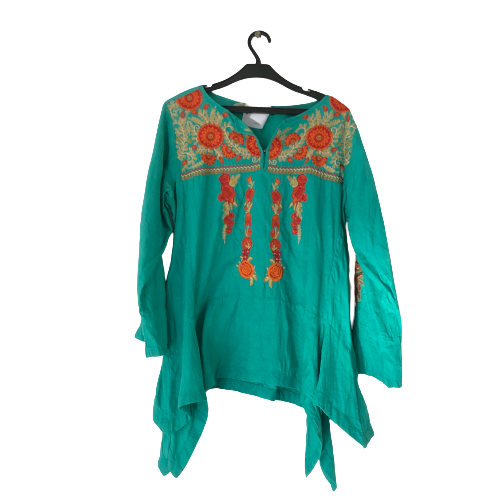 Khaadi green top with orange floral embroidery
