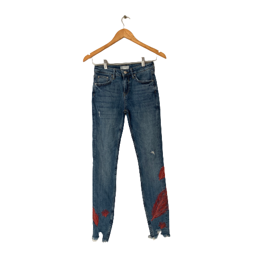 ZARA Pink Leaf Embroidered Distressed Jeans | Gently Used |