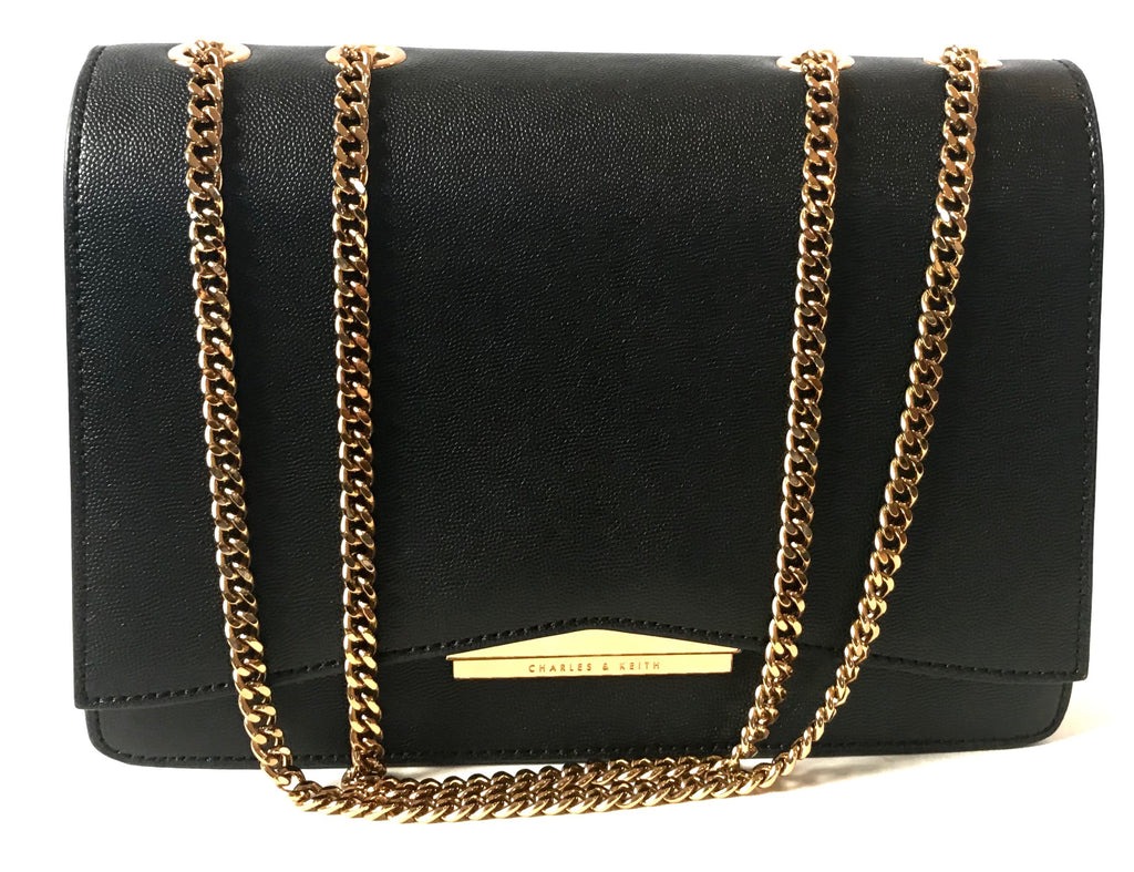 Charles & Keith Black Leather with Gold Chain Bag | Like New | - Secret Stash