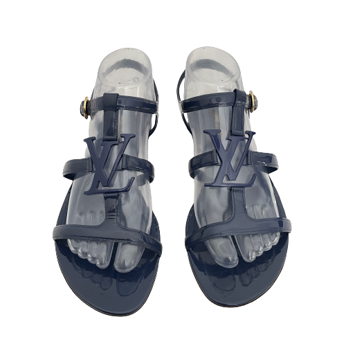 Louis Vuitton Navy Patent Leather Logo Sandals | Pre Loved |