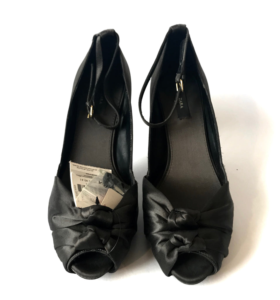 ZARA Black Satin Peep-toe Heels | Brand New |