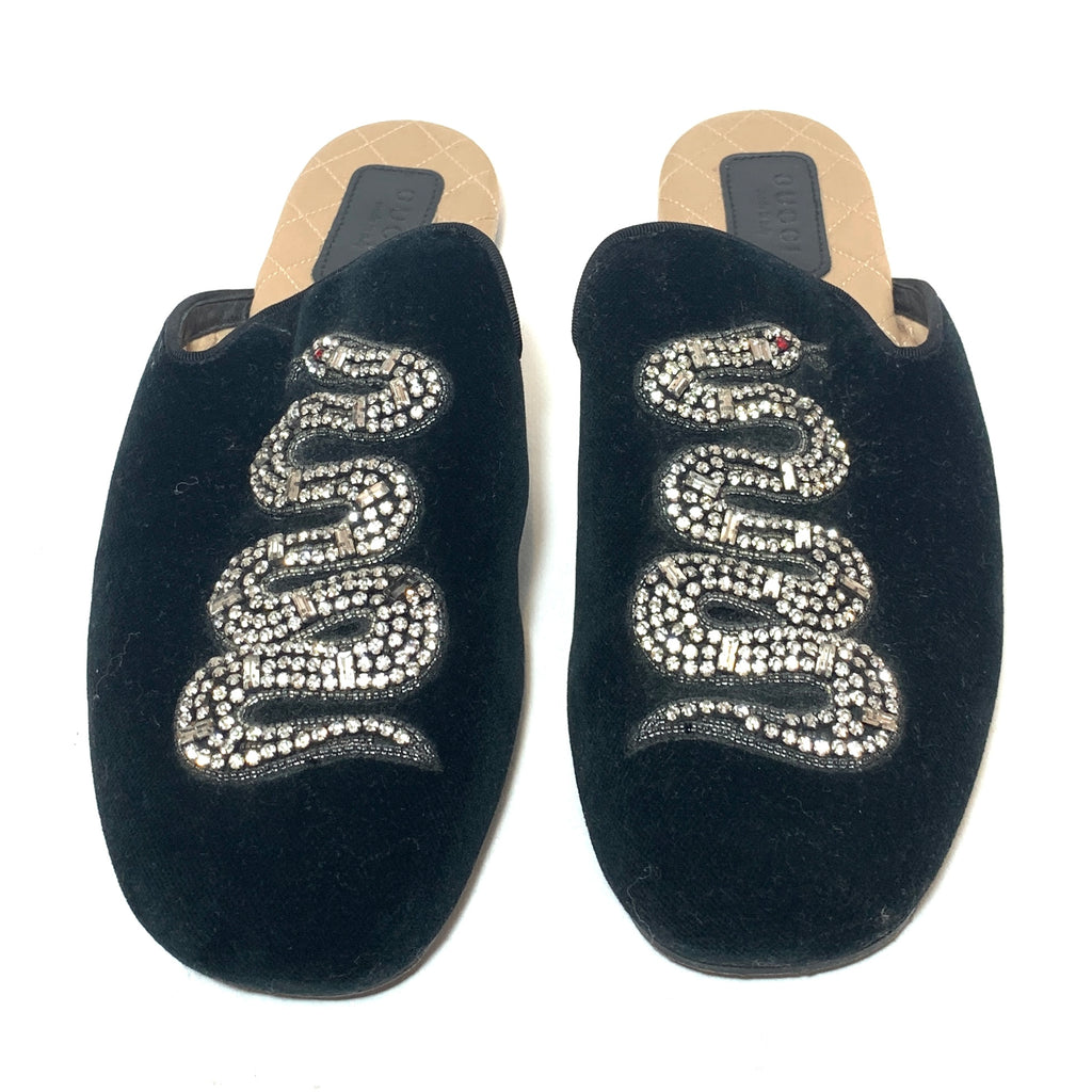 Gucci Black Velvet 'Lawrence' Rhinestone Embellished Mules | Gently Used |