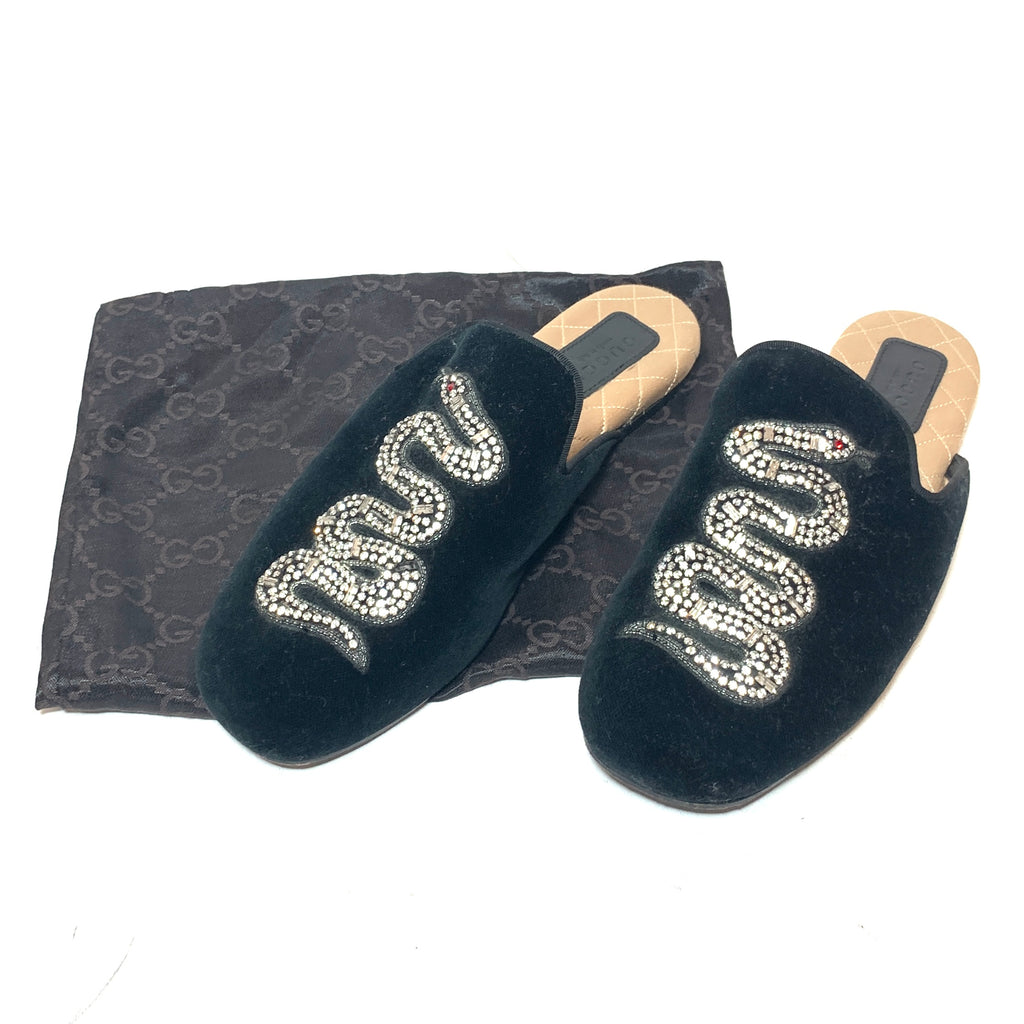 Gucci Black Velvet 'Lawrence' Rhinestone Embellished Mules | Gently Used |