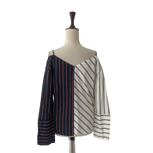 Mango White & Blue Diagonal Striped Cold-Shoulder Top | Gently Used |