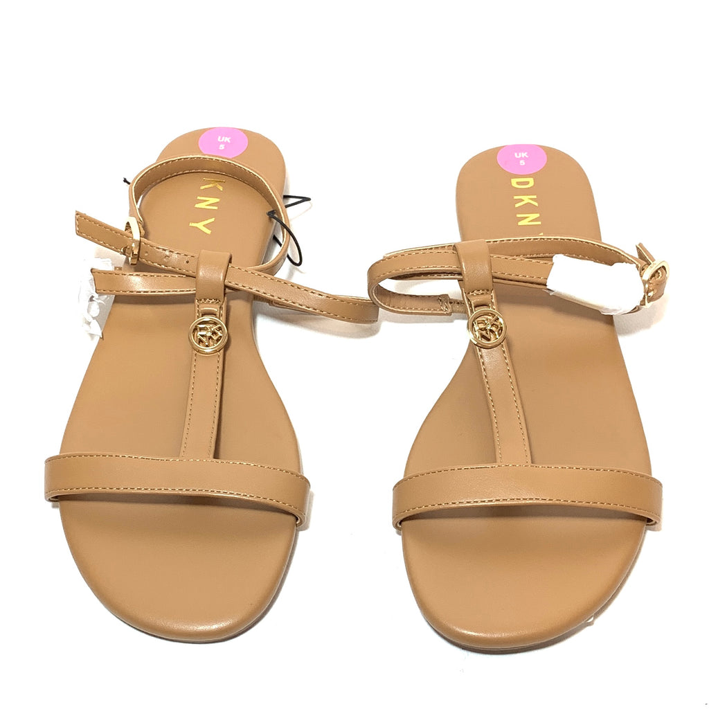 DKNY Tan Leather T-Strap Sandals | Brand New |