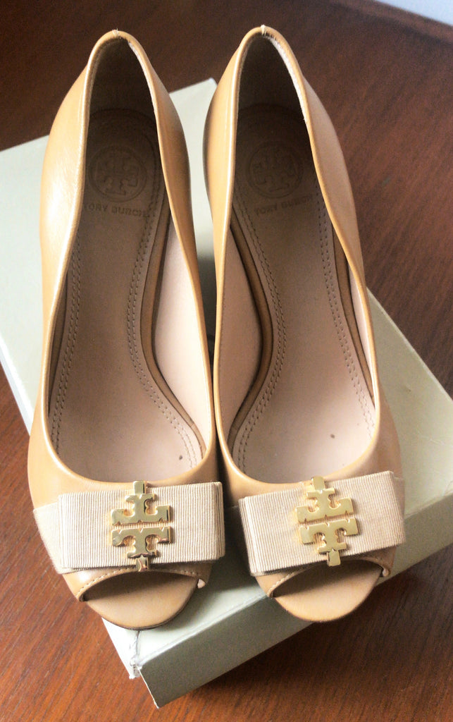 Tory Burch Tan Leather Peep Toe Wedges | Gently Used |