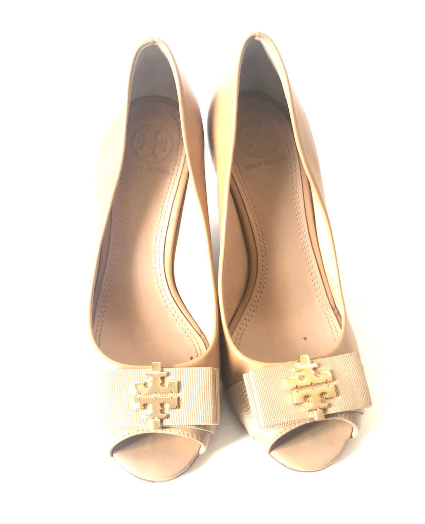 Tory Burch Tan Leather Peep Toe Wedges | Gently Used |