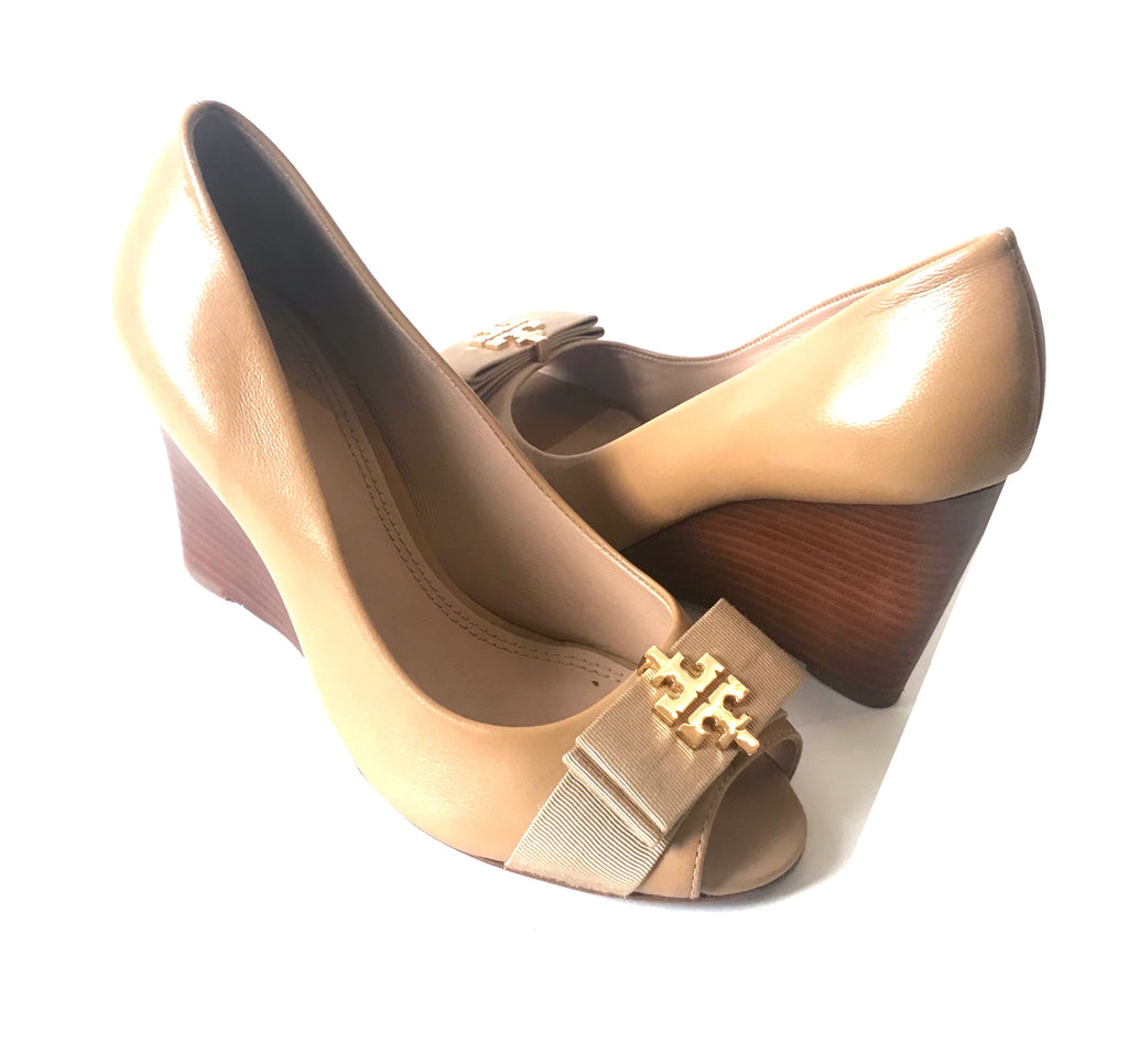 Tory Burch Tan Leather Peep Toe Wedges | Gently Used |