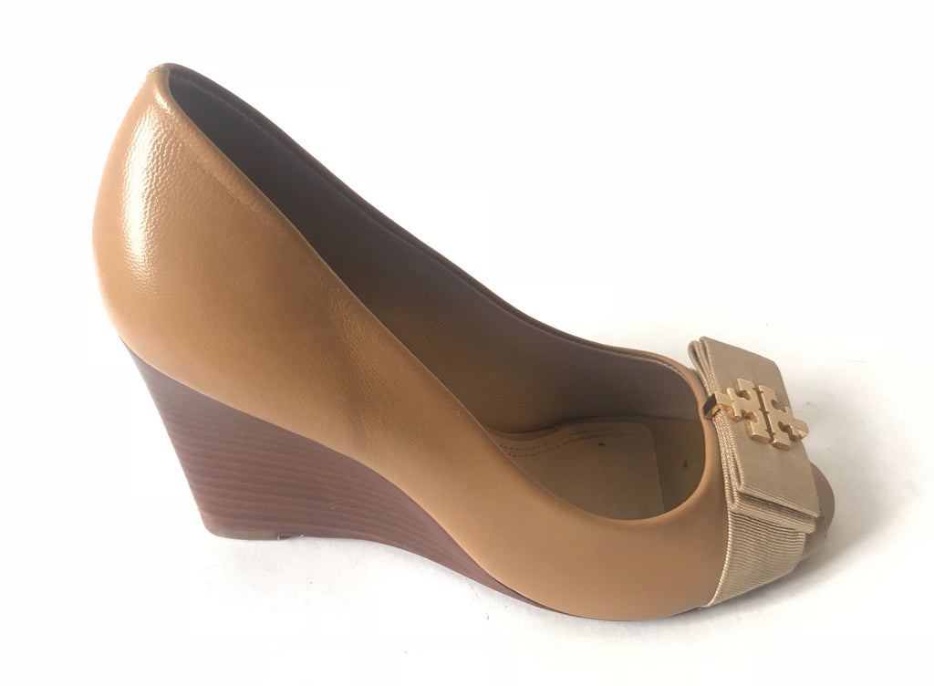 Tory Burch Tan Leather Peep Toe Wedges | Gently Used |