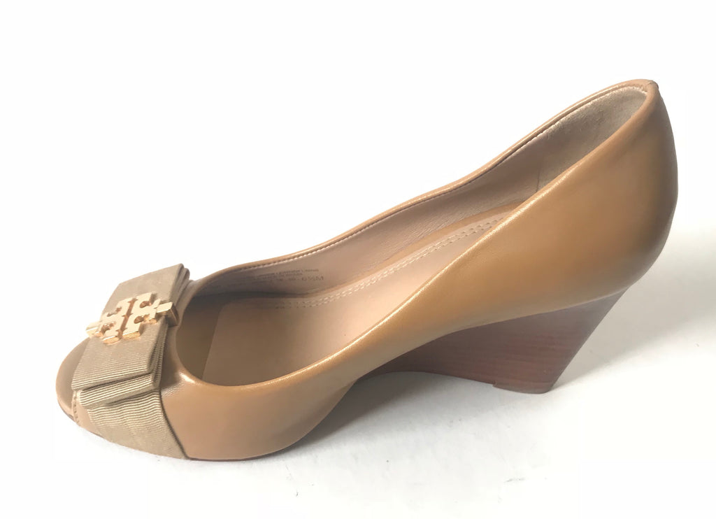 Tory Burch Tan Leather Peep Toe Wedges | Gently Used |