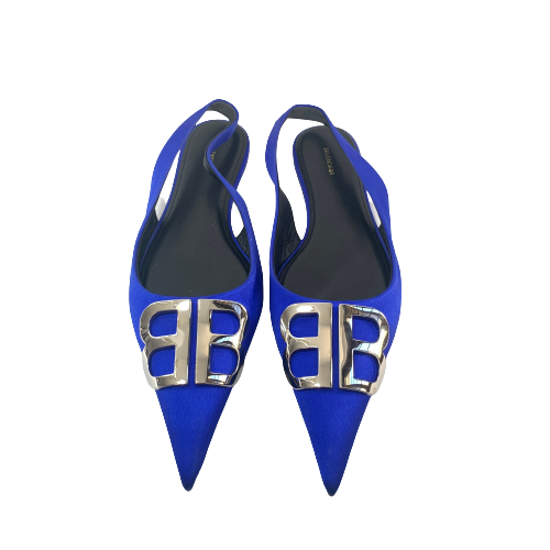 Balenciaga Electric Blue BB Satin Slingback Pointed Flats | Gently Used |