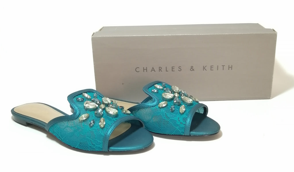 Charles & Keith Teal Sequins Slide Sandals