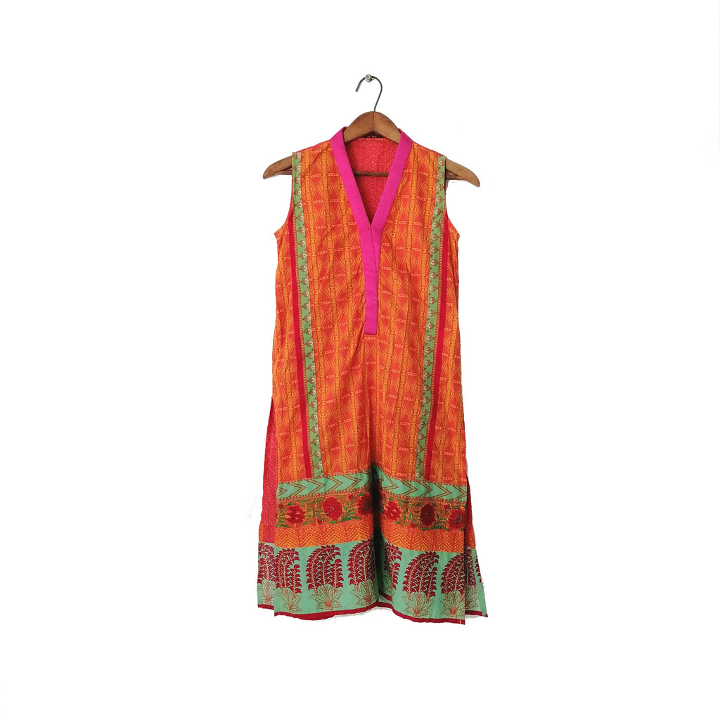 Khaadi Pret Orange-Pink Embroidered Sleeveless Kameez