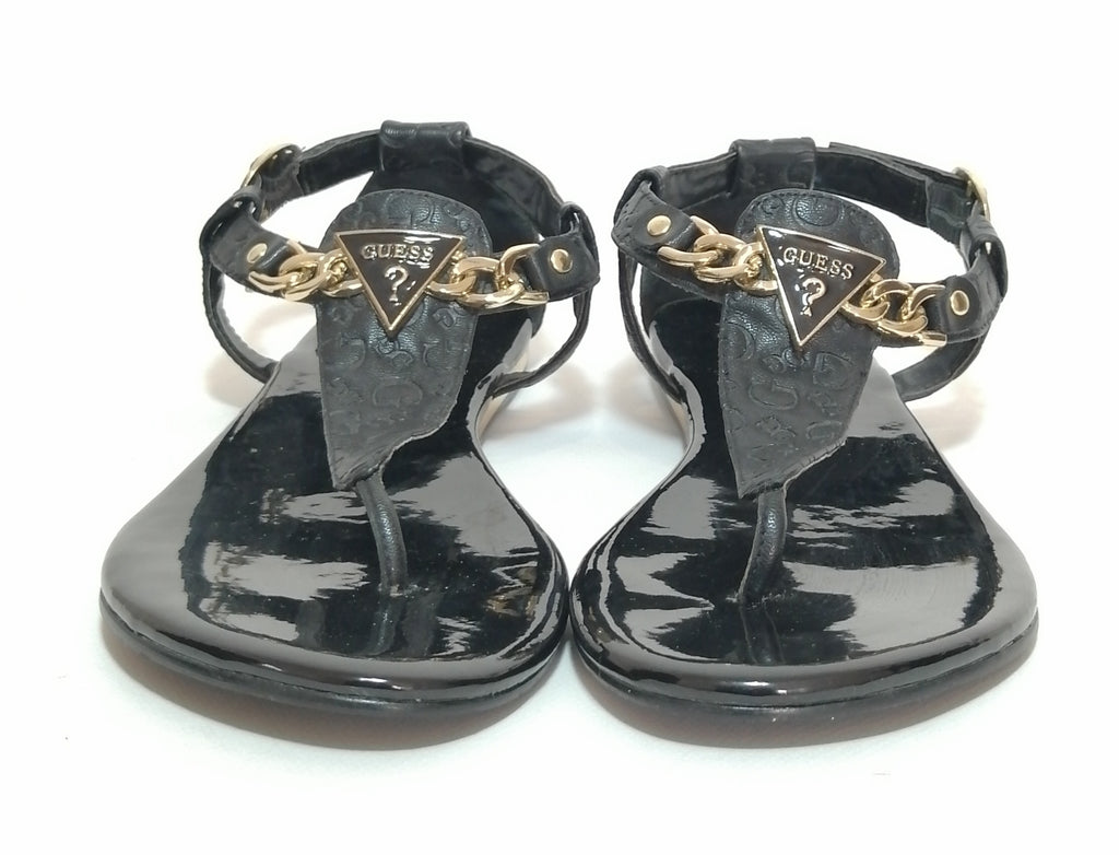 Guess Black Monogram & Gold Chain Thong Sandals