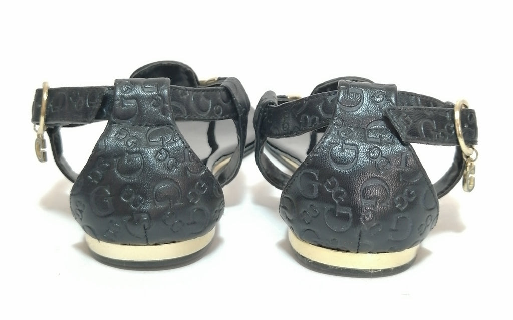 Guess Black Monogram & Gold Chain Thong Sandals