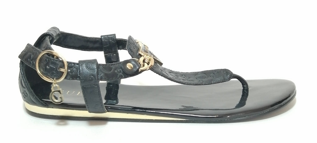 Guess Black Monogram & Gold Chain Thong Sandals