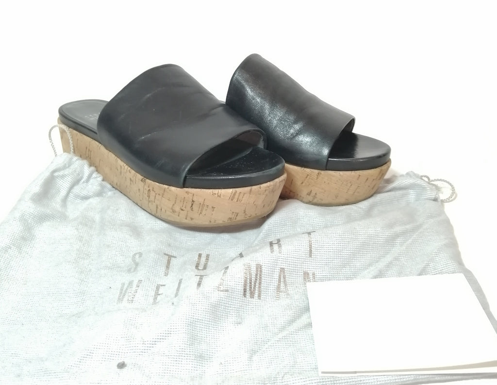 Stuart Weitzman Black Leather & Cork Wedges 