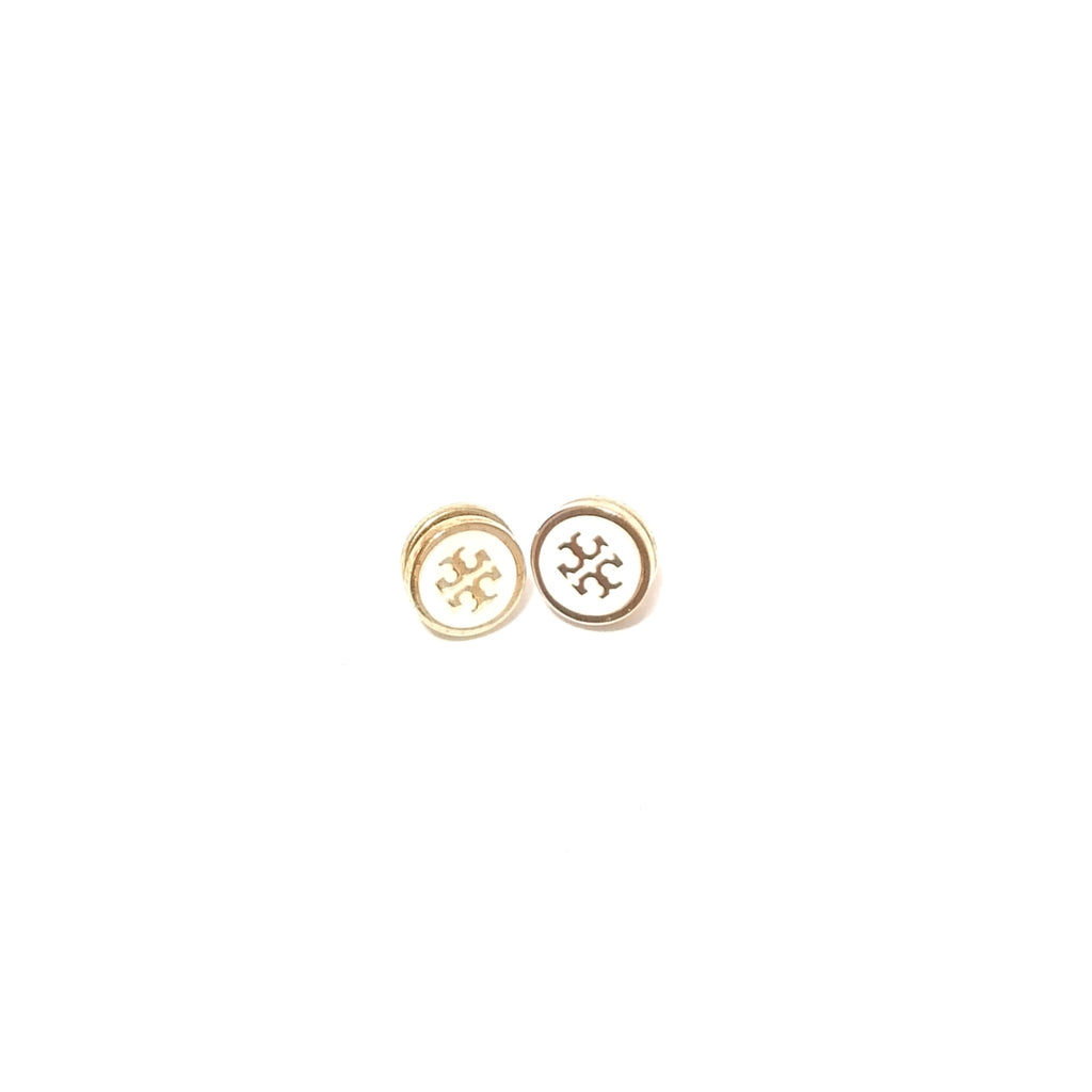 Tory Burch White & Gold Logo Stud Earrings