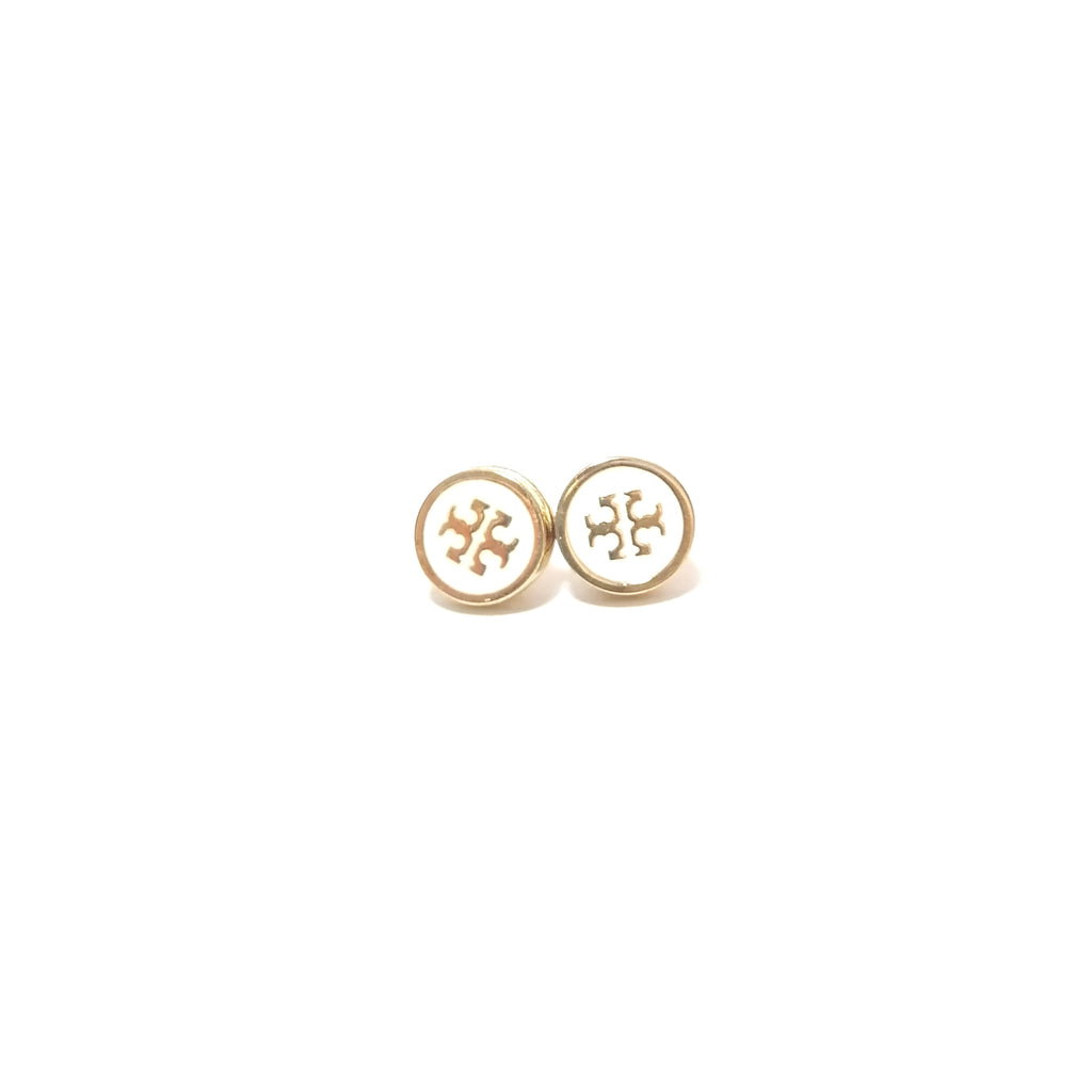 Tory Burch White & Gold Logo Stud Earrings