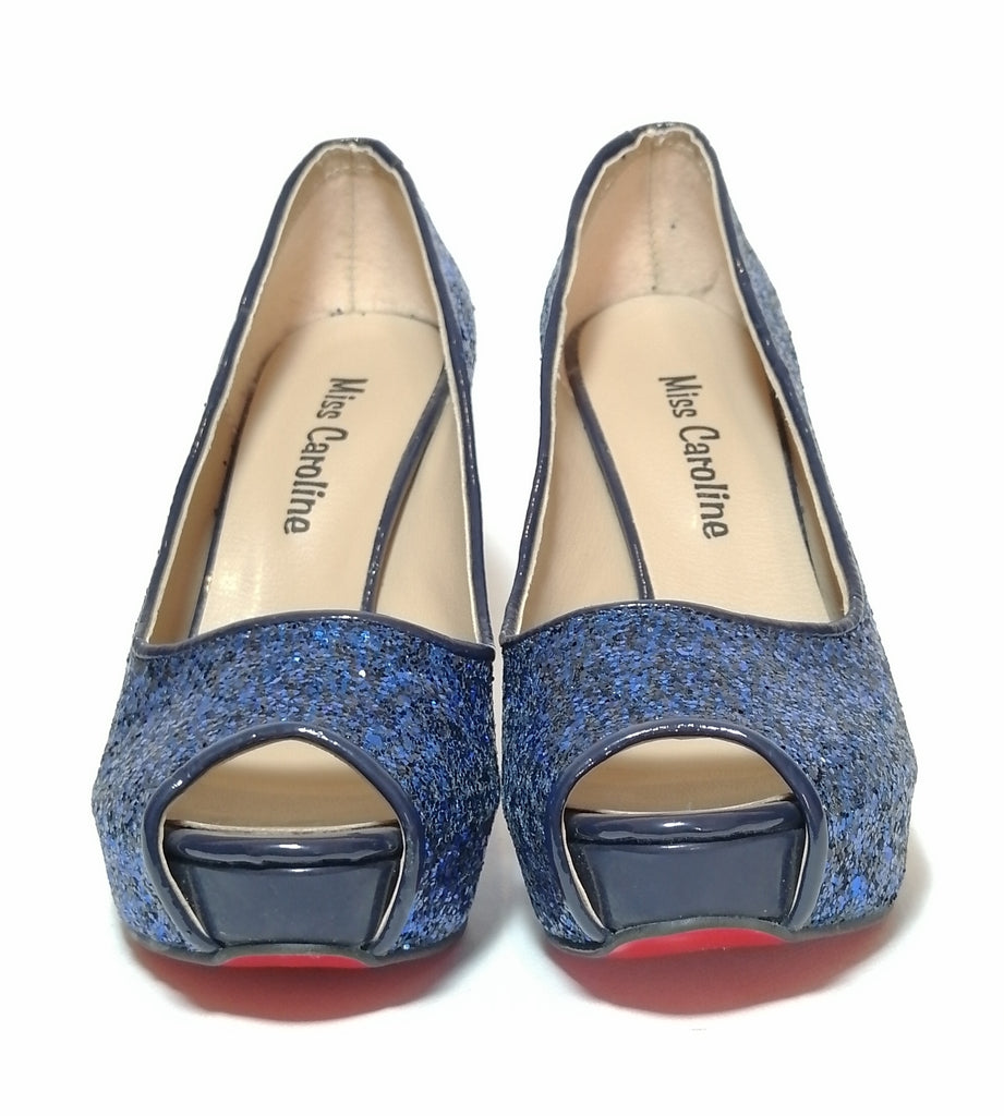 Miss Caroline Blue Glitter Peep Toe Pumps | Brand New |