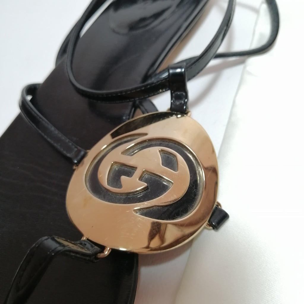 Gucci Black Leather Logo Flat Sandals
