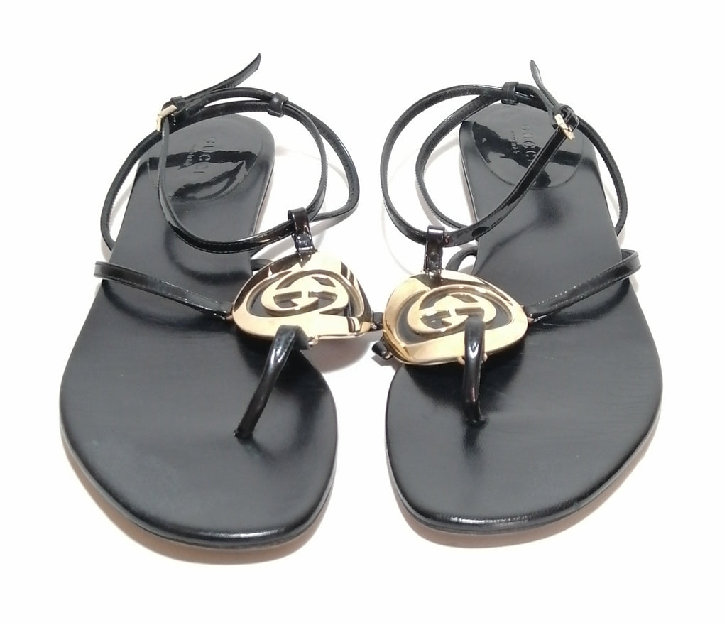 Gucci Black Leather Logo Flat Sandals