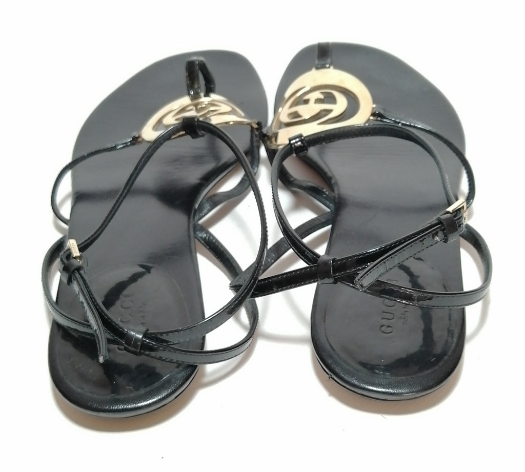Gucci Black Leather Logo Flat Sandals