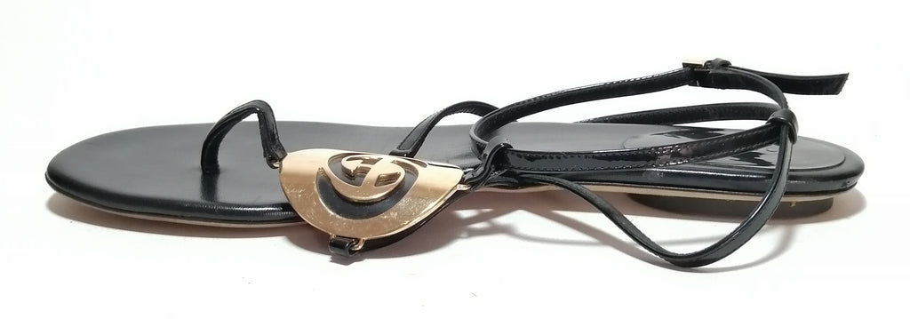 Gucci Black Leather Logo Flat Sandals