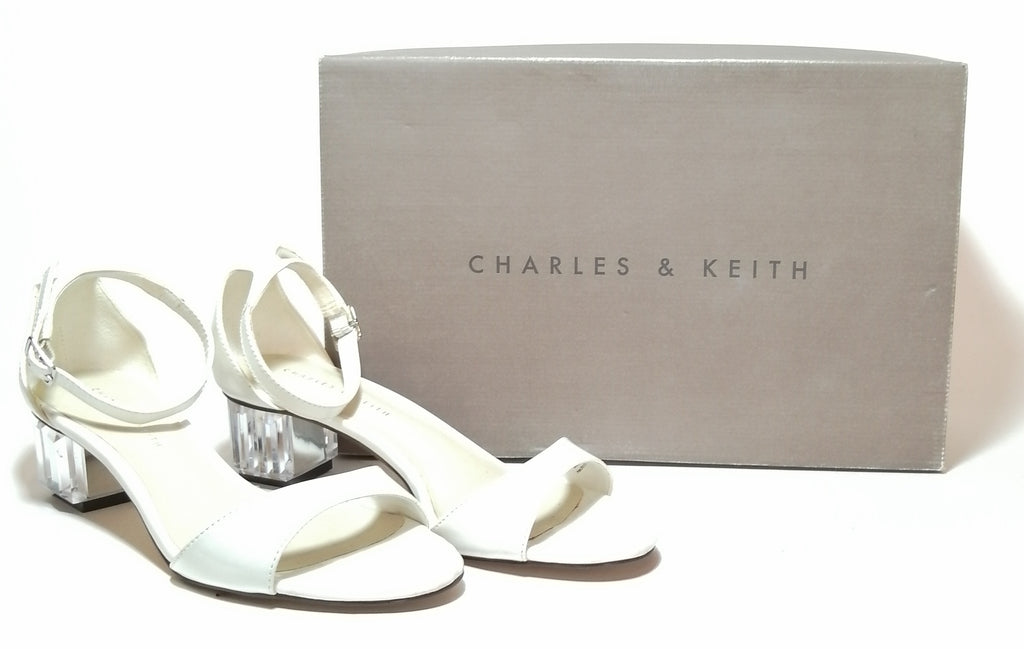 Charles & Keith Crystal Block Heel White Sandals