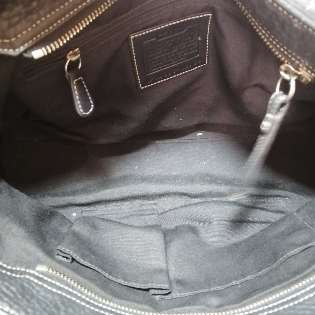 Coach Black Pebbled Leather & White Thread Tote Bag