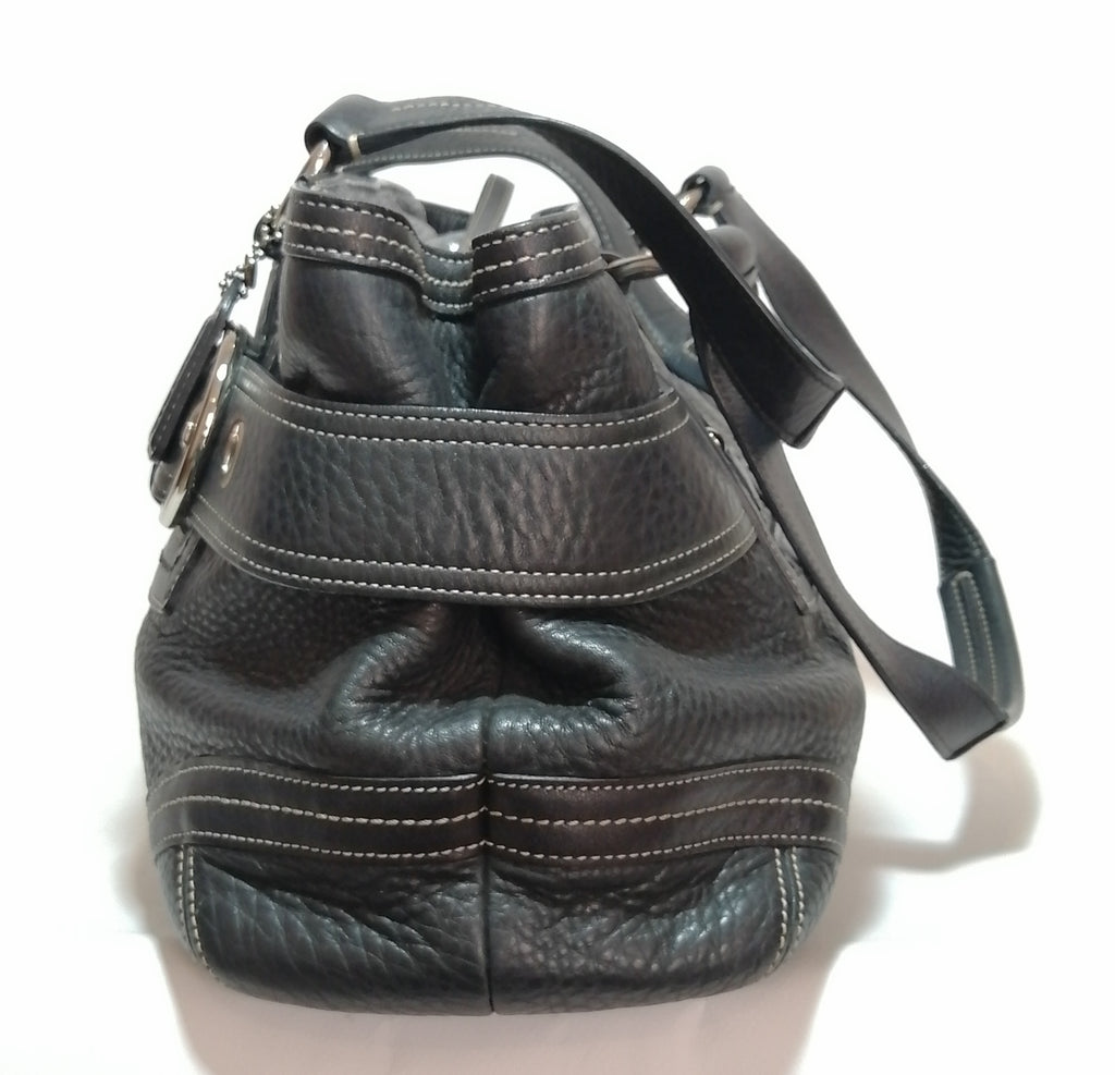 Coach Black Pebbled Leather & White Thread Tote Bag