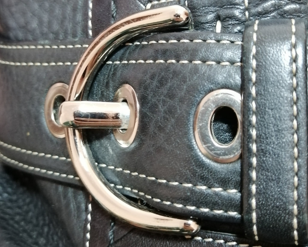 Coach Black Pebbled Leather & White Thread Tote Bag