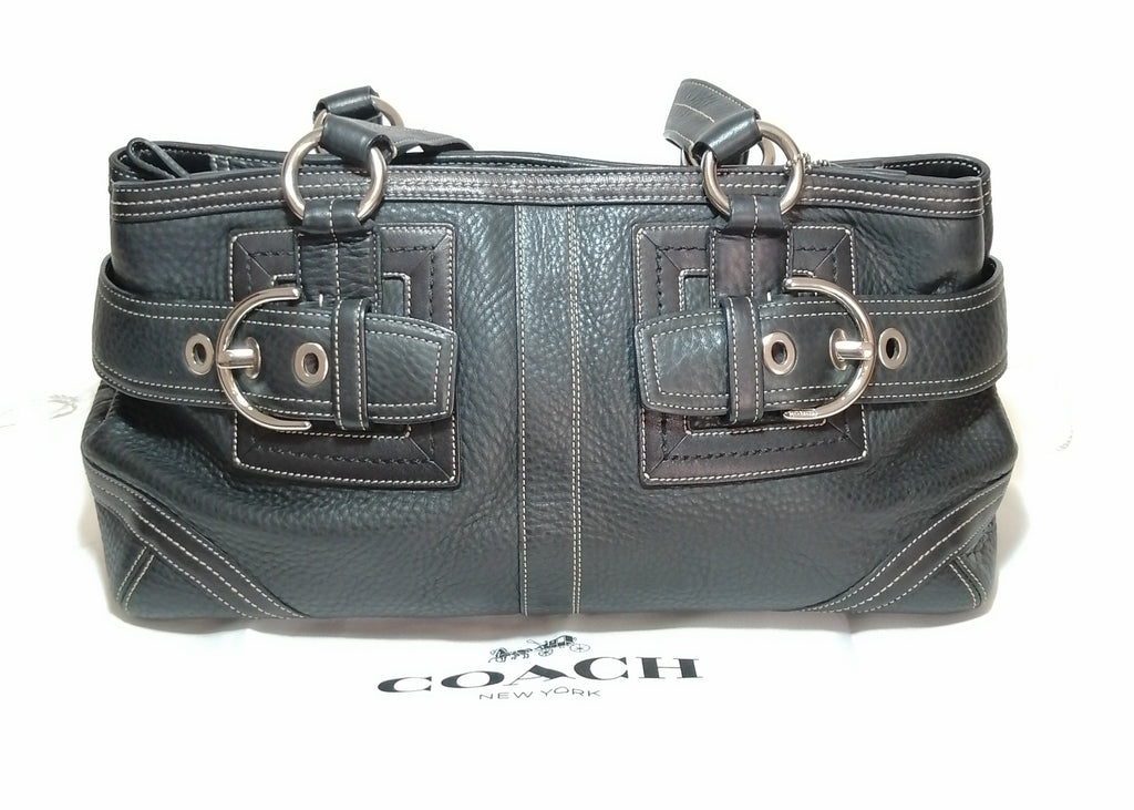 Coach Black Pebbled Leather & White Thread Tote Bag