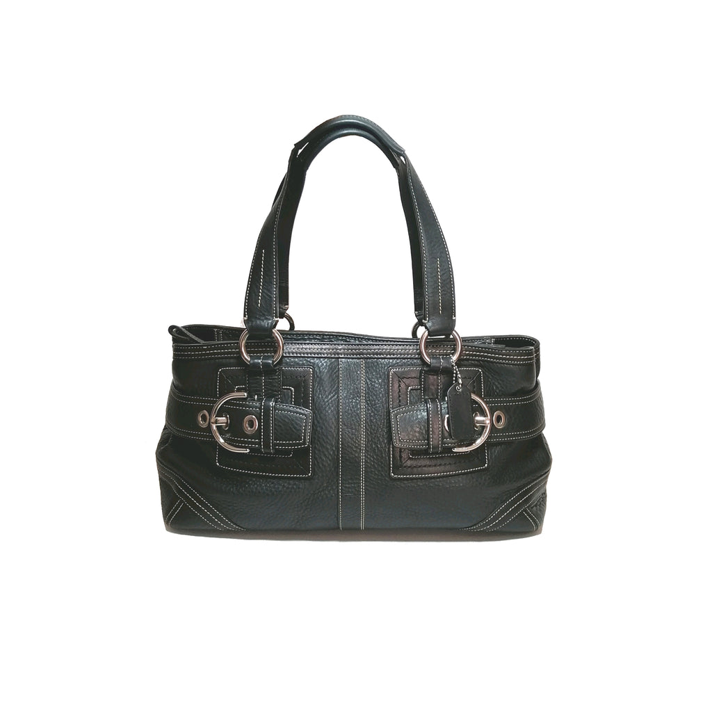 Coach Black Pebbled Leather & White Thread Tote Bag