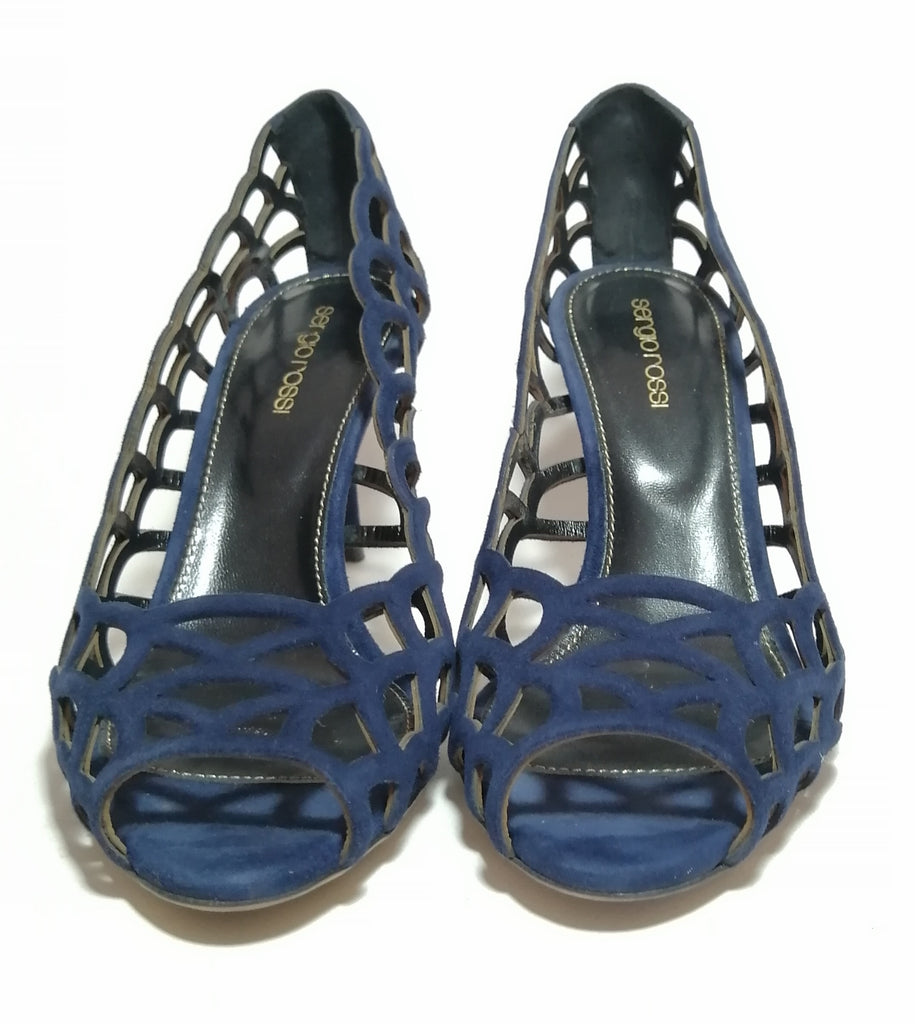 Sergio Rossi Blue Suede Laser-cut Heels