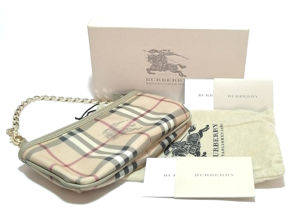 Burberry Beige Haymarket Grainy Leather Wristlet