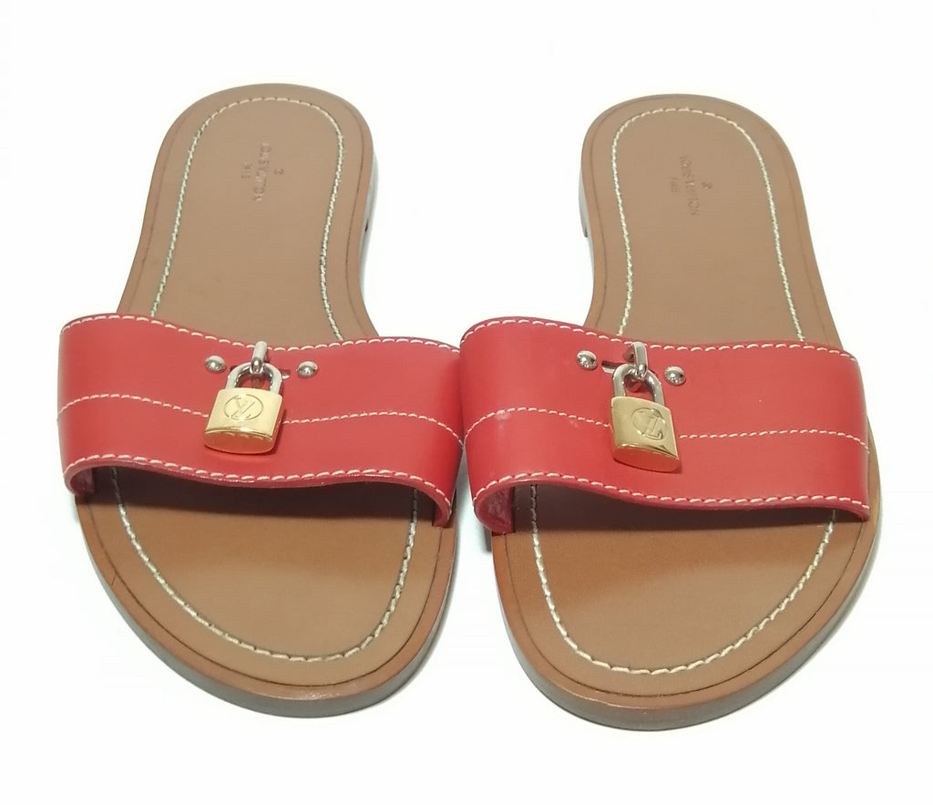 Louis Vuitton Red Leather Lock It Flat Slides