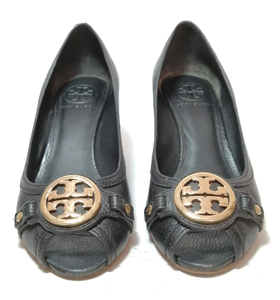 Tory Burch Black Leather 'Leticia' Peep-toe Wedges