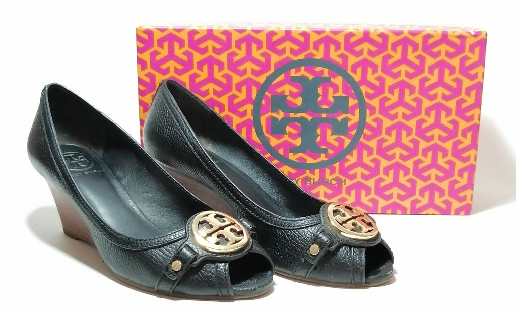 Tory Burch Black Leather 'Leticia' Peep-toe Wedges