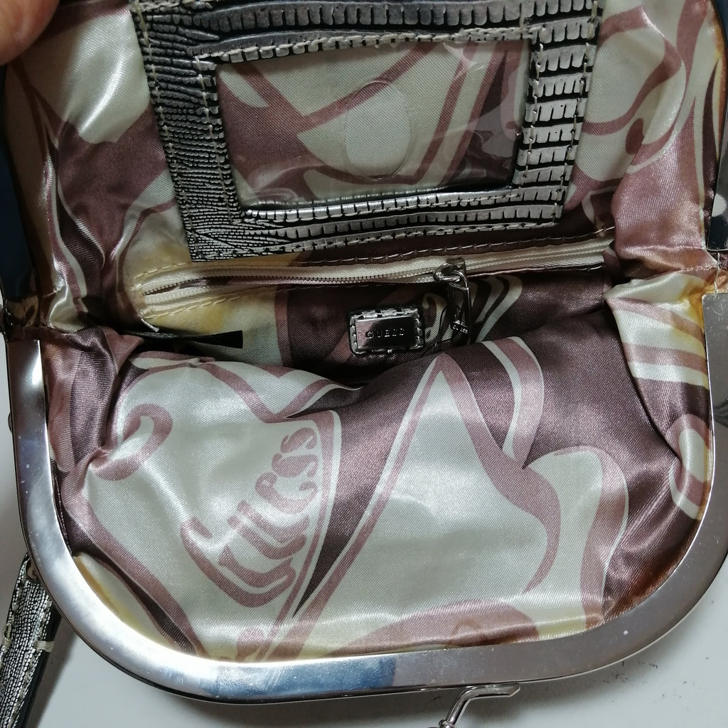 Guess Grey Monogram Canvas & Rhinestone Clutch