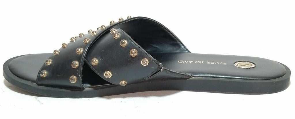 River Island Black Studded Criss Cross Strap Slides