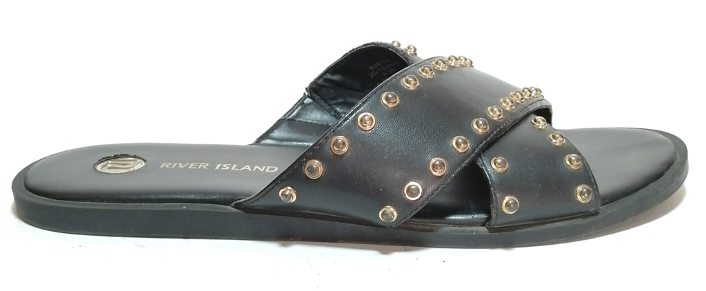 River Island Black Studded Criss Cross Strap Slides