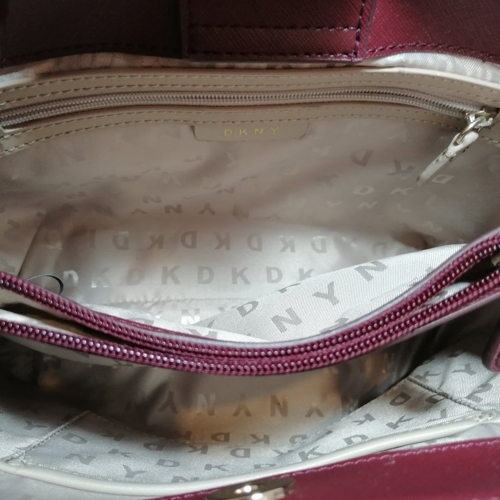 DKNY Monogram Coated Canvas with Maroon Leather Convertible Bag