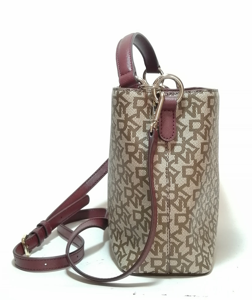 DKNY Monogram Coated Canvas with Maroon Leather Convertible Bag
