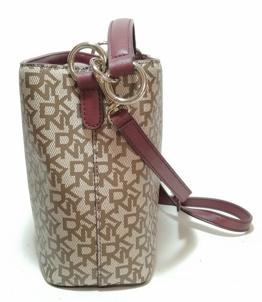 DKNY Monogram Coated Canvas with Maroon Leather Convertible Bag