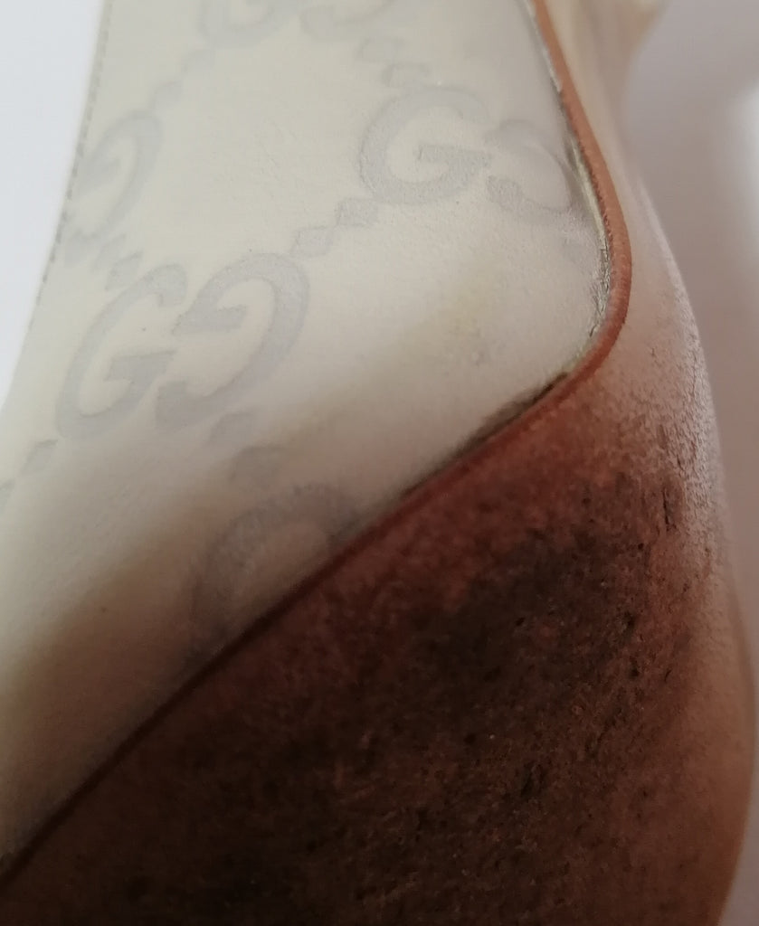Gucci Ivory Leather Monogram Peep Toe Pumps